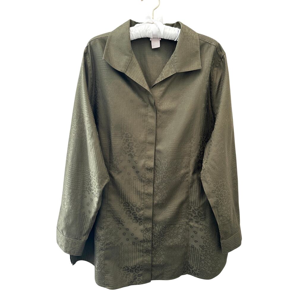 Chico’s Olive Green Animal Jacquard Shirt Blouse Size 18 Workwear Office